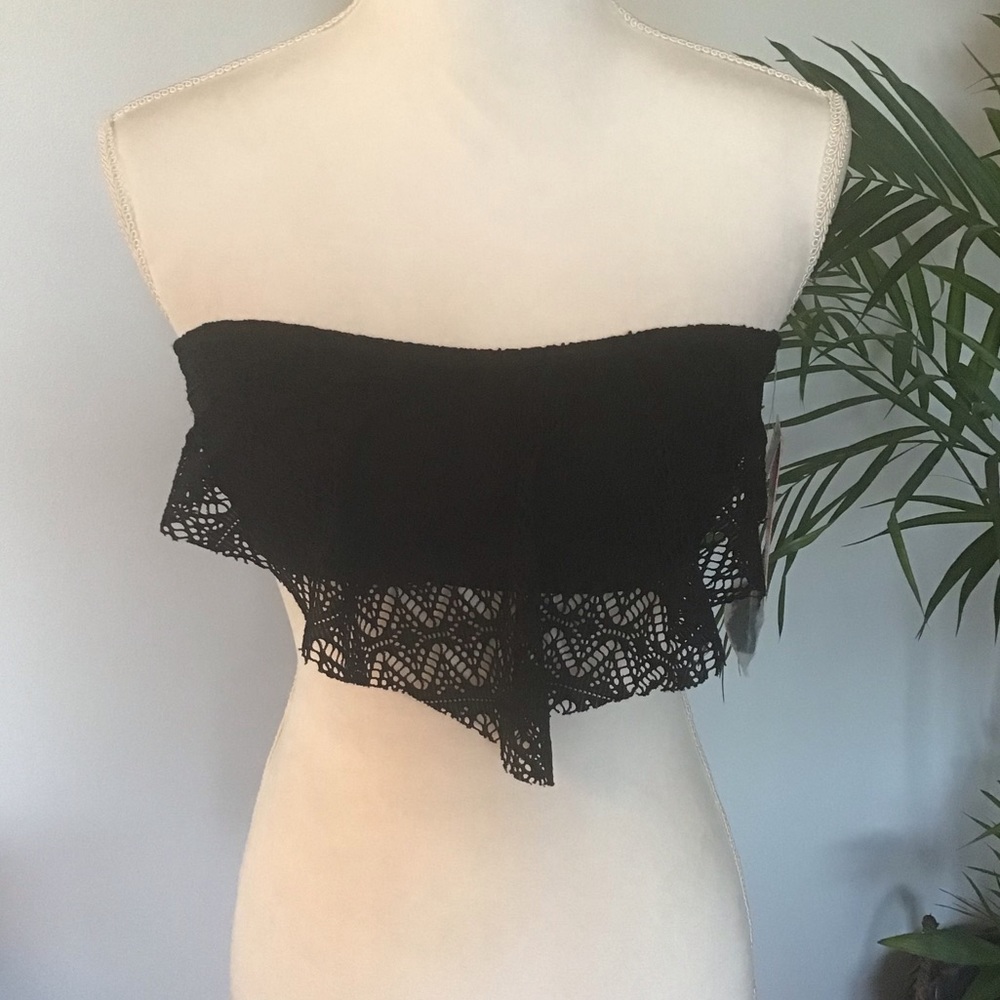 HULA HONEY BLACK CHEVRON MESH OVERLAY BIKINI TOP